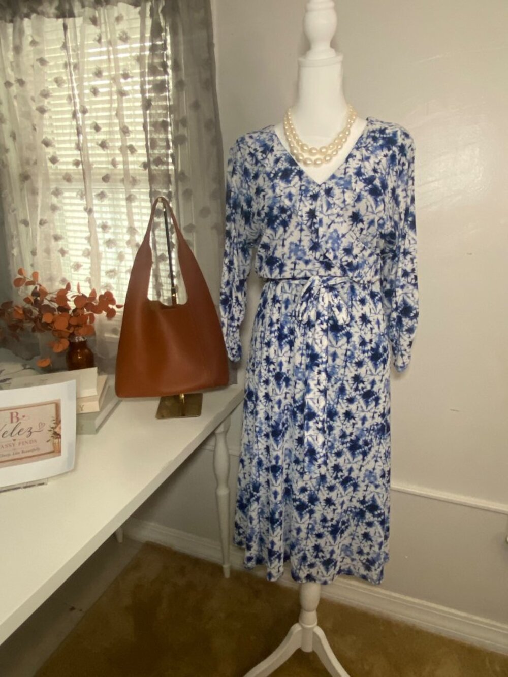 Robert Louis Blue & White Tie-Dye Faux Wrap Midi Dress XL Belted Long Sleeve